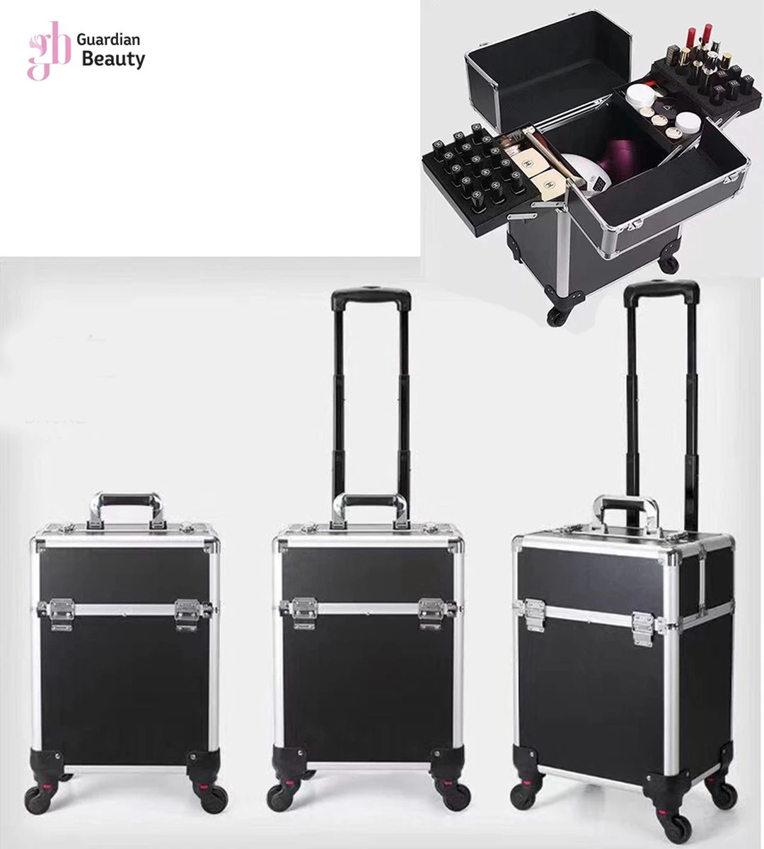 Kapper Koffer| Nagel | Visagist | Make-up | Cosmetica | Schminken | Trolley Stevig En Gemaakt Van Aluminium | 3 Delig | 8 Wielen | Bedekt Met Mooie Zilver Strips 1 Kapper Koffer| Nagel | Visagist | Make-up | Cosmetica | Schminken | Trolley Stevig En Gemaakt Van Aluminium | 3 Delig | 8 Wielen | Bedekt Met Mooie Zilver Strips