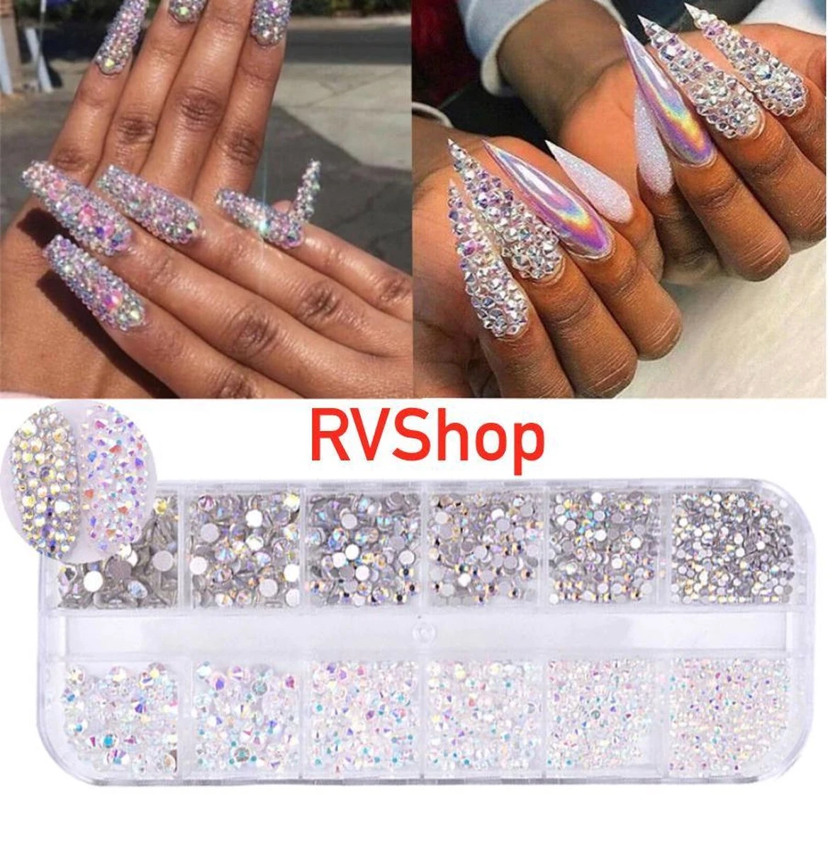 Nagel Decoratie Set - 12 Vormen - 3D - Bling Bling - Zilver - Parelmoer - Diamant 2 Nagel Decoratie Set - 12 Vormen - 3D - Bling Bling - Zilver - Parelmoer - Diamant - Afbeelding 2