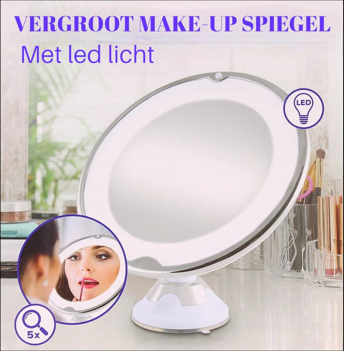 Merkloos Make-Up Spiegel - 5X Vergroting - LED Licht - Make Up Spiegel Met Verlichting - Vergrootspiegel Met Zuignap 1 Merkloos Make-Up Spiegel - 5X Vergroting - LED Licht - Make Up Spiegel Met Verlichting - Vergrootspiegel Met Zuignap