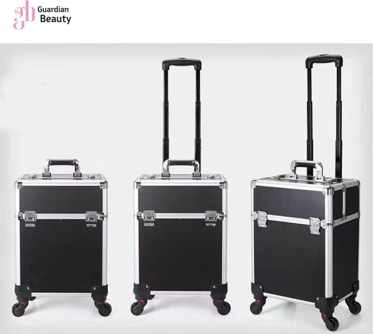 Kapper Koffer| Nagel | Visagist | Make-up | Cosmetica | Schminken | Trolley Stevig En Gemaakt Van Aluminium | 3 Delig | 8 Wielen | Bedekt Met Mooie Zilver Strips 2 Kapper Koffer| Nagel | Visagist | Make-up | Cosmetica | Schminken | Trolley Stevig En Gemaakt Van Aluminium | 3 Delig | 8 Wielen | Bedekt Met Mooie Zilver Strips - Afbeelding 2