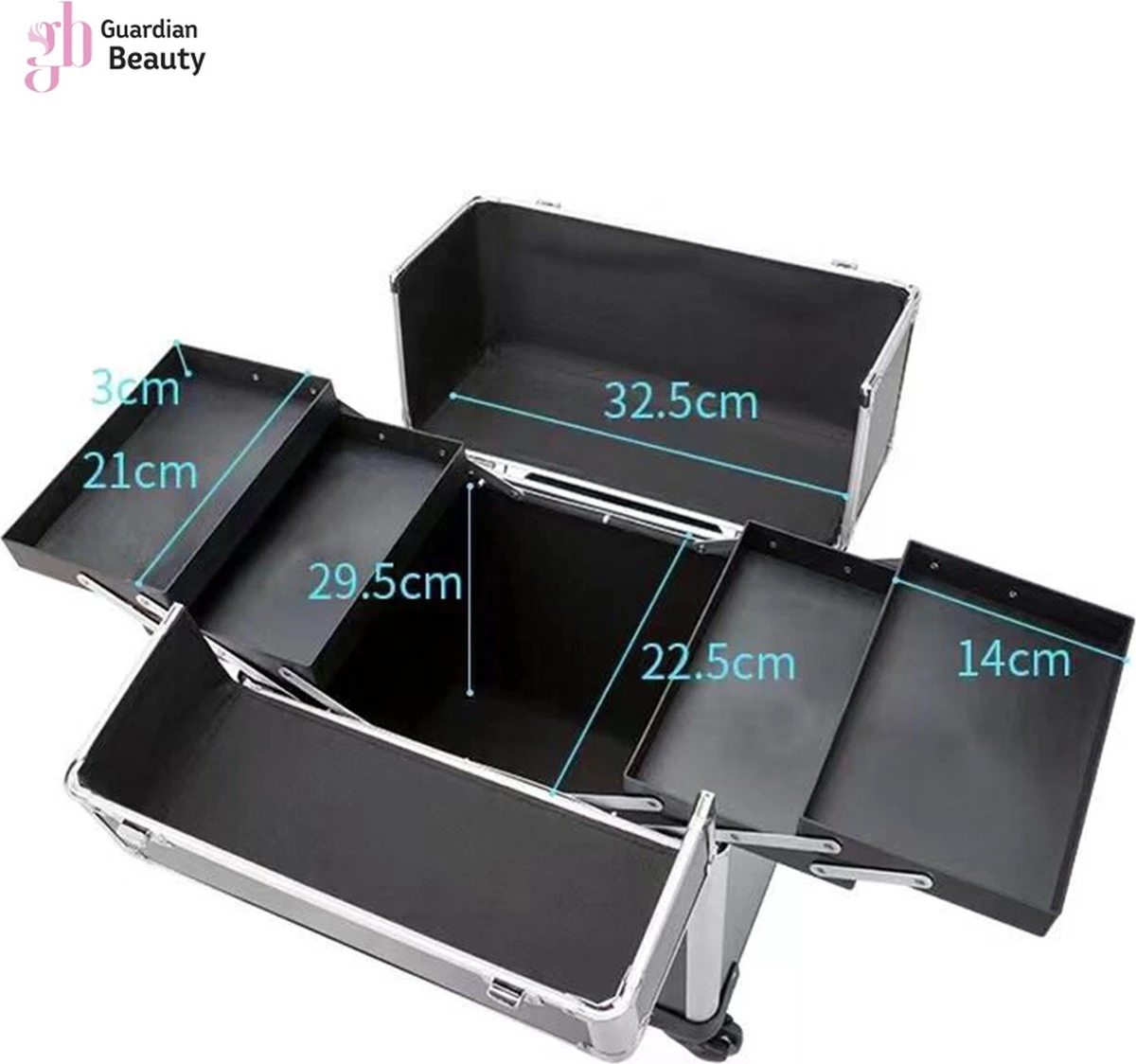 Kapper Koffer| Nagel | Visagist | Make-up | Cosmetica | Schminken | Trolley Stevig En Gemaakt Van Aluminium | 3 Delig | 8 Wielen | Bedekt Met Mooie Zilver Strips 4 Kapper Koffer| Nagel | Visagist | Make-up | Cosmetica | Schminken | Trolley Stevig En Gemaakt Van Aluminium | 3 Delig | 8 Wielen | Bedekt Met Mooie Zilver Strips - Afbeelding 4