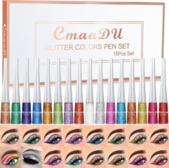 CmaaDU Eyeliner – Glitter Eyeliner – Make-up Set – 16 Verschillende Kleuren – Droogt Snel Op – Geschenkset