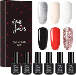 Miss Jules - 6-Delige Gellak Starterspakket - Nagellak - Kleur Rood, Wit, Creme & Glitter - Glanzend & Dekkend Resultaat