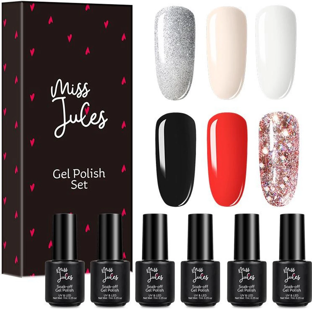 Miss Jules - 6-Delige Gellak Starterspakket - Nagellak - Kleur Rood, Wit, Creme & Glitter - Glanzend & Dekkend Resultaat 1 Miss Jules - 6-Delige Gellak Starterspakket - Nagellak - Kleur Rood, Wit, Creme & Glitter - Glanzend & Dekkend Resultaat