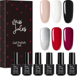 Miss Jules - 6-Delige Gellak Starterspakket - Nagellak - Kleur Rood, Zwart & Glitter - Glanzend & Dekkend Resultaat