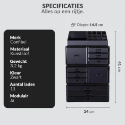 Confibel XXL Acryl Make-up Cosmetica Organizer - Verstelbare Lades - Sieraden/Make-up/Cosmetica Organizer - 11 Compartimenten - Zwart -Cosmeticawinkel 1200x1200 1228