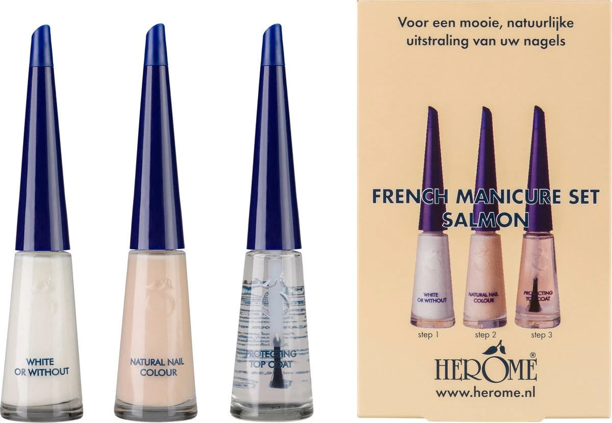 Herome French Manicure Set Salmon - Complete Set In 3 Stappen Een French Manicure - Met Een Salmon Kleurlak, Een Witte Nagellak Voor De Nagelranden En Een Top Coat - 3x10ml. 1 Herome French Manicure Set Salmon - Complete Set In 3 Stappen Een French Manicure - Met Een Salmon Kleurlak, Een Witte Nagellak Voor De Nagelranden En Een Top Coat - 3x10ml.